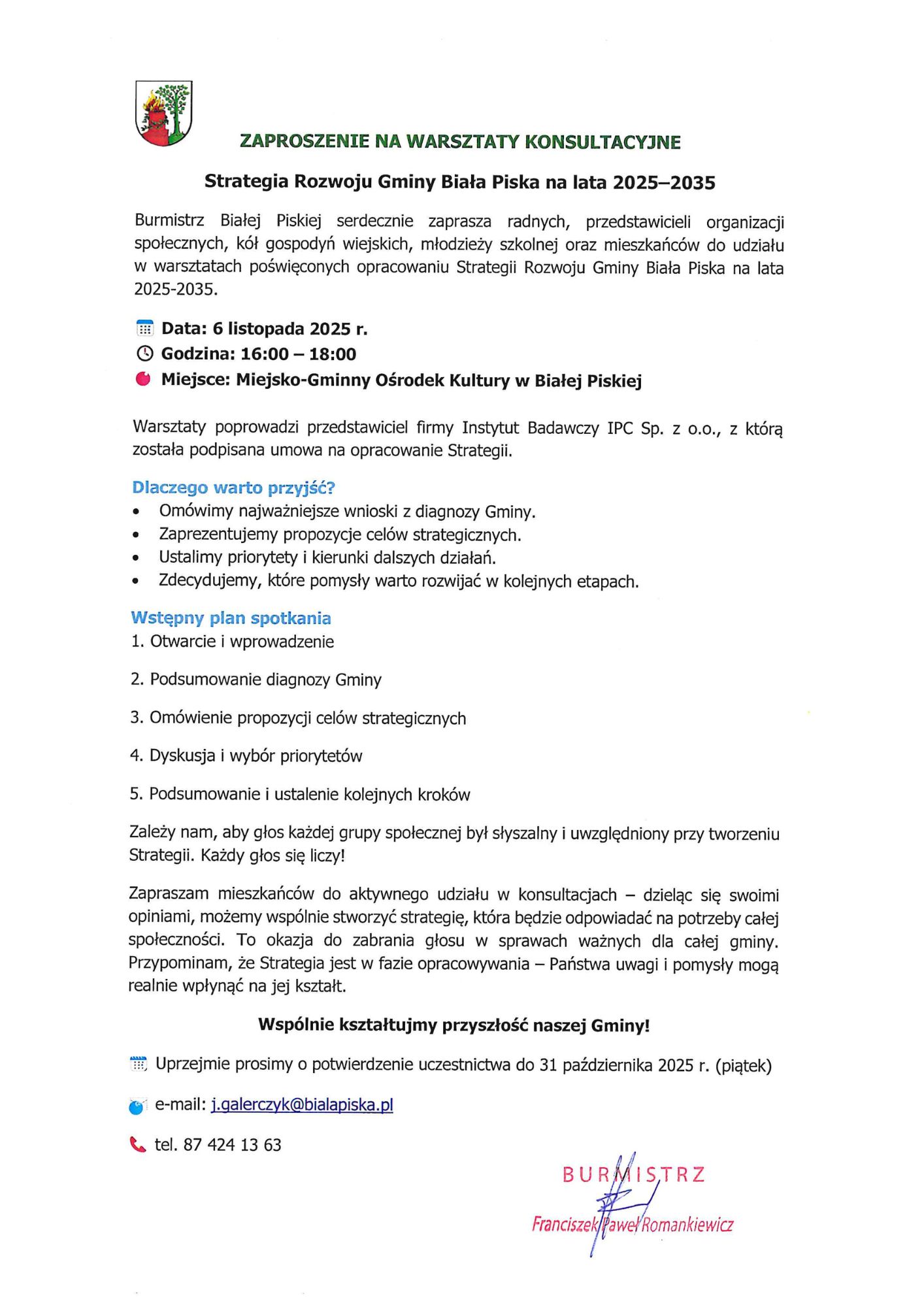 Zaproszenie na warsztaty konsultacyjne – Strategia Rozwoju Gminy Biała Piska na lata 2025-2035.